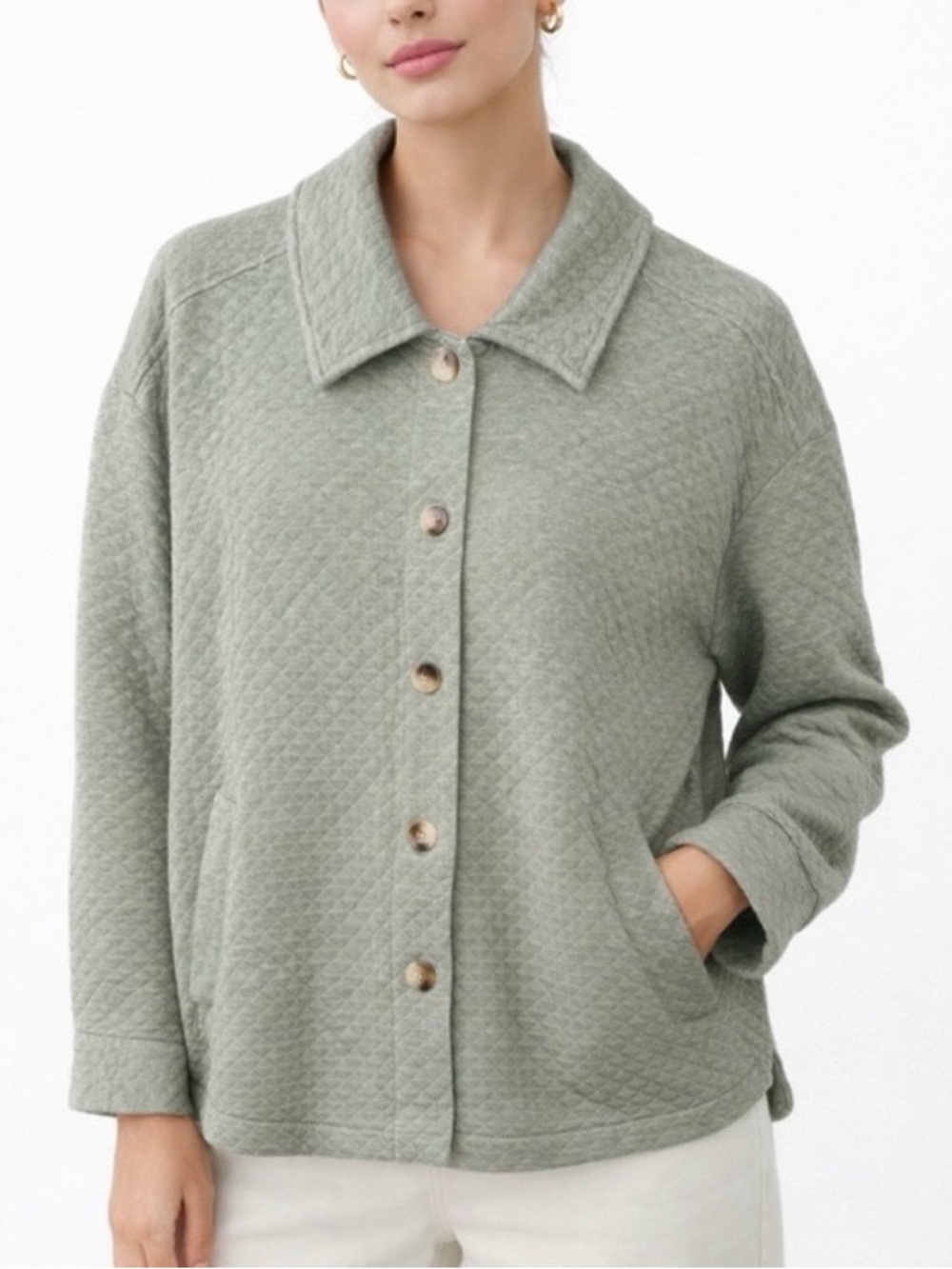 J. Jill Quilted Button-Front Jacket Sage Green Cottagecore Petite XL Shacket